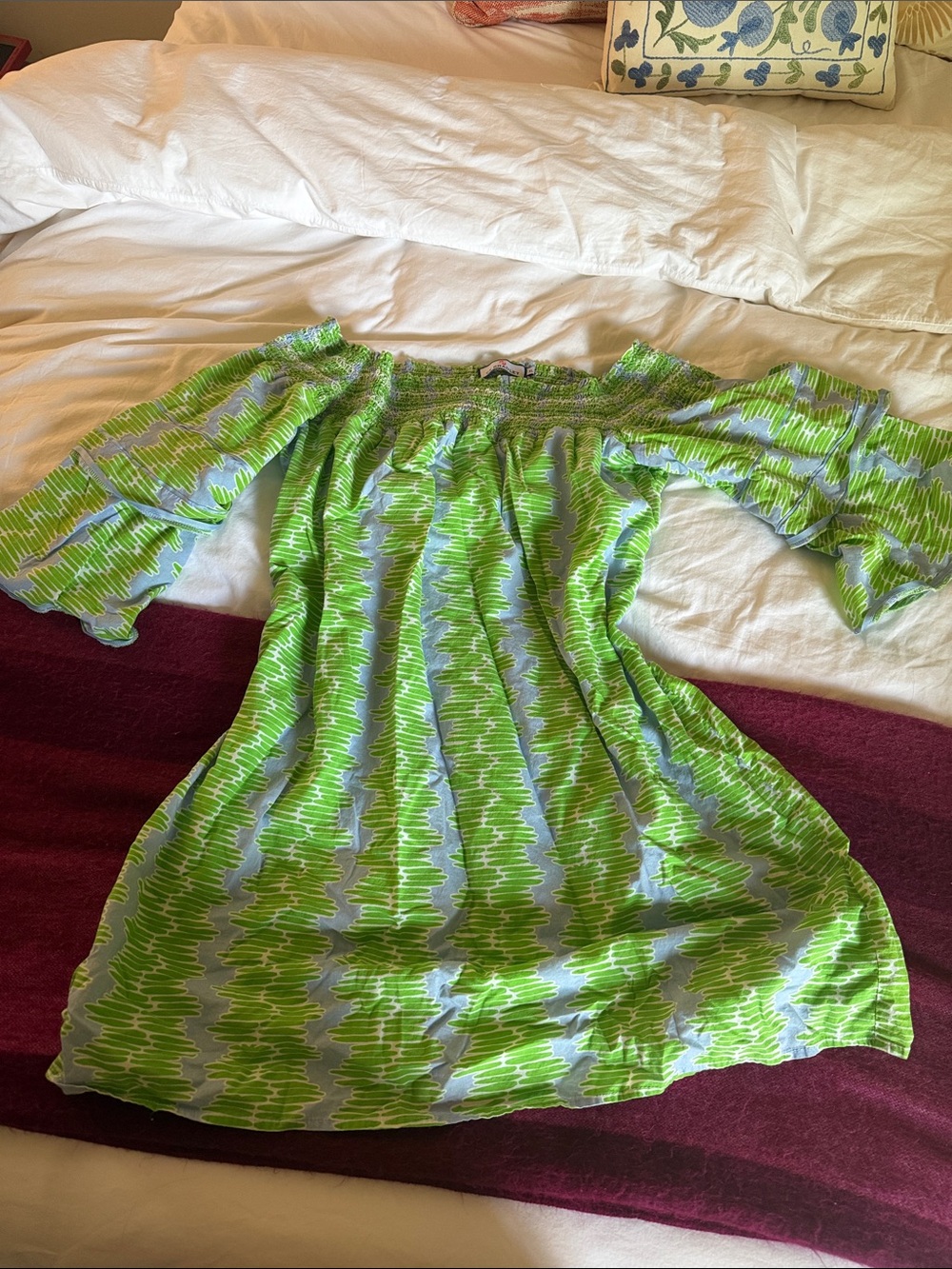 Green and blue Patterned Off-Shoulder dress